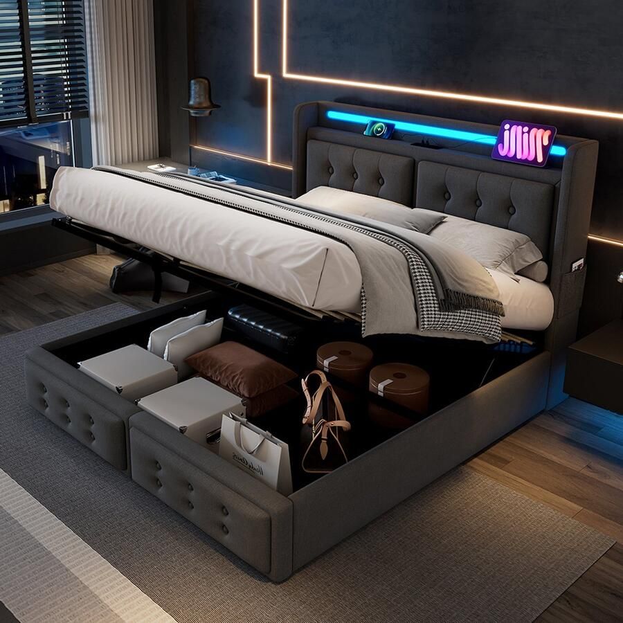 Pugsdrly Gestoffeerd bed 140x200 tweepersoonsbed met lederen hoofdeinde en USB C-oplaadfunctie hydraulisch bed met lattenbodem van hout en metalen frame draagvermogen 300 kg grijs katoen (zonder matras)