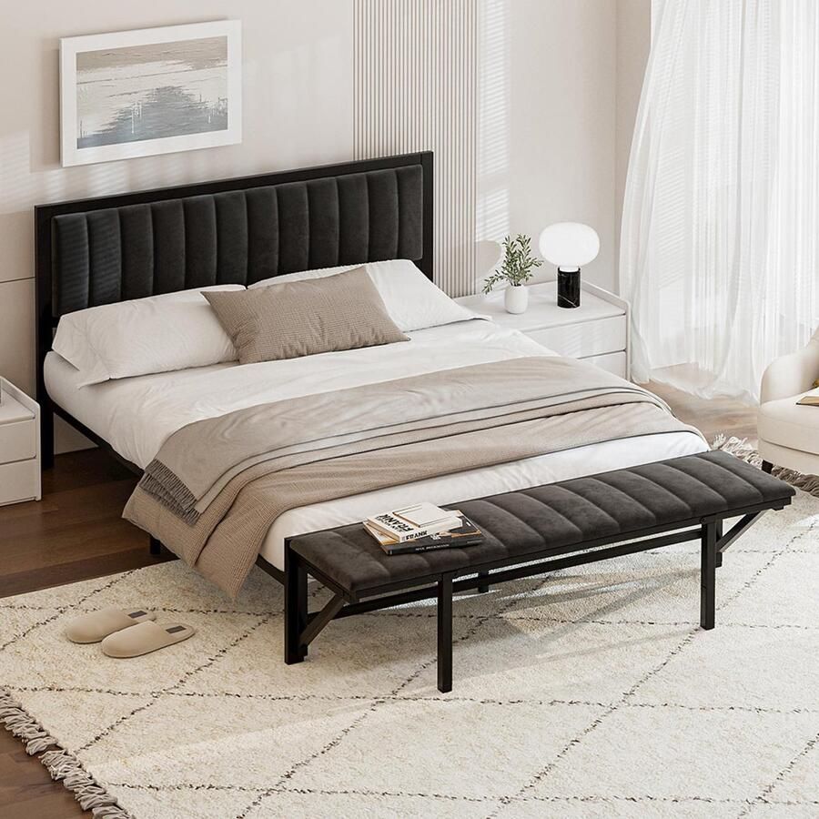 Pugsdrly Gestoffeerd bed 160x200cm met opklapbare bank aan het uiteinde multifunctioneel bed met opbergruimte en organisatie ijzeren bedframe bed voor tieners bed voor volwassenen tweepersoonsbed fluweel zwart