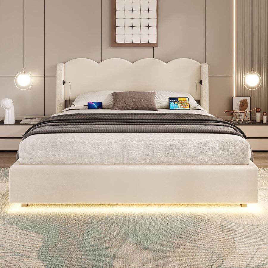 Pugsdrly Gestoffeerd bed 160x200cm multifunctioneel golvend bedframe hydraulisch tweepersoonsbed met ledverlichting en USB-oplaadfunctie stapelbaar bedframe met plat frame fluweel trendy bed voor tieners