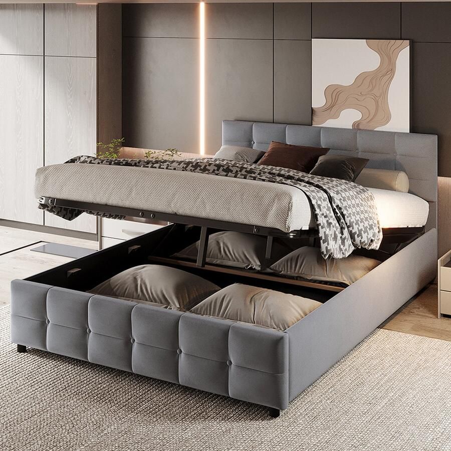 Pugsdrly Gestoffeerd bed 180*200 cm lattenbodem hydraulisch eenpersoonsbed Nederlands fluweel grijs