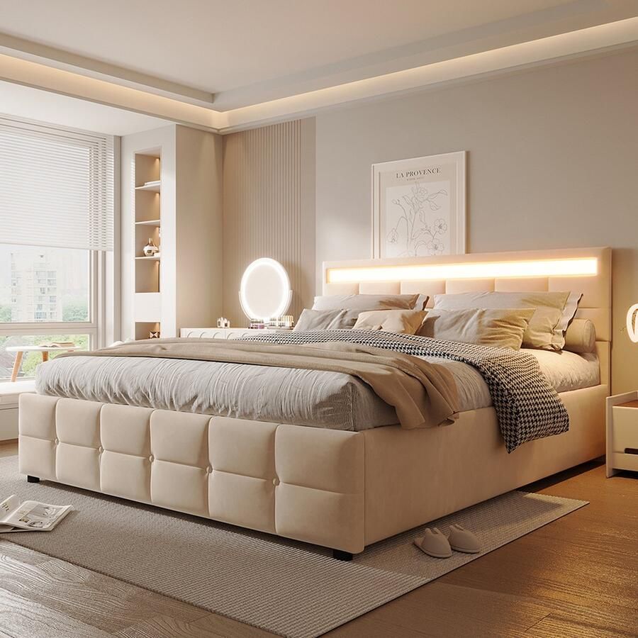 Pugsdrly Gestoffeerd bed 180*200 cm led-lampjes lattenbodem hydraulisch eenpersoonsbed Nederlands fluweel beige