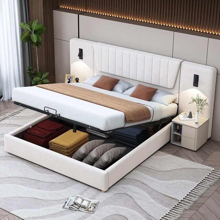 Pugsdrly Gestoffeerd bed 180*200 cm met extra lange rugleuning leeslamp met verstelbare richting met USB-oplaadaansluiting hydraulisch opbergbed tweepersoonsbed fluweelstof beige