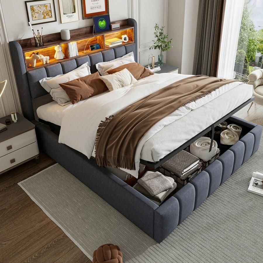Pugsdrly Gestoffeerd bed 180*200 cm met ledverlichting en USB-aansluiting hoofdeinde met planken en opbergruimte met hydraulisch systeem voor opbergen tweepersoonsbed voor volwassenen grijze linnen stof