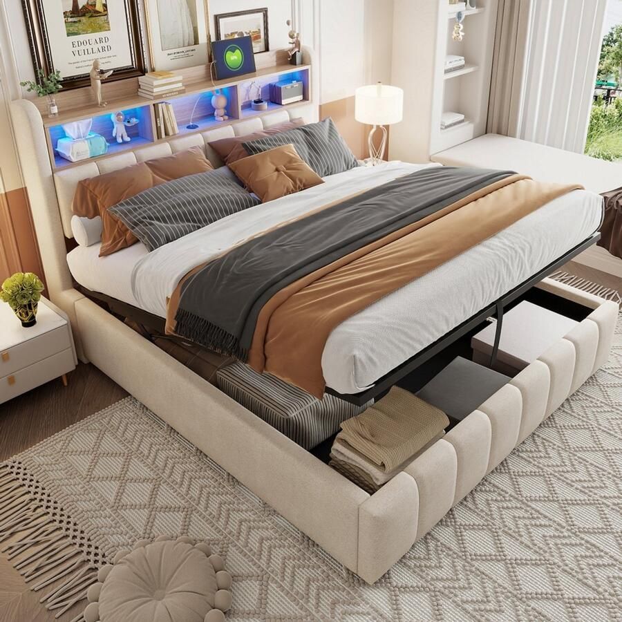 Pugsdrly Gestoffeerd bed 180*200 cm met ledverlichting en USB-aansluiting hoofdeinde met planken en opbergruimte met hydraulisch systeem voor opbergen tweepersoonsbed voor volwassenen beige linnen stof