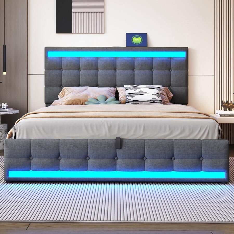 Pugsdrly Gestoffeerd be Gestoffeerd bed 180*200 Doppelbed met hydraulische opbergruimte USB en kleurveranderende LED-lichtstrip grijs Tweepersoonsbed van linnen - Foto 2