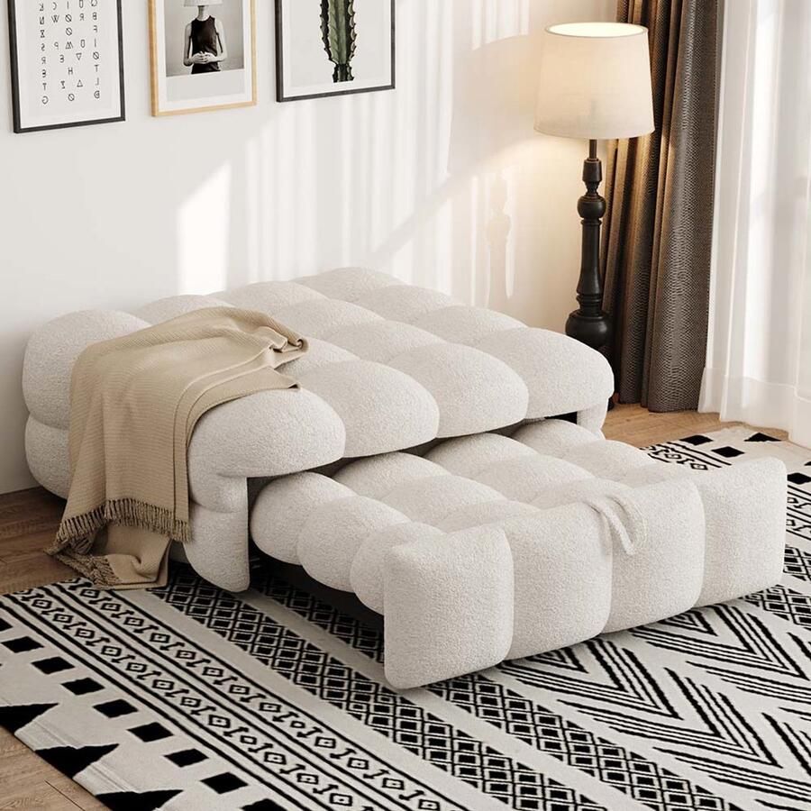 Pugsdrly Gestoffeerd bed 2-in-1 poef uitschuifbare slaapbank eenpersoonsbed zacht bed Teddy-stof beige - Foto 2