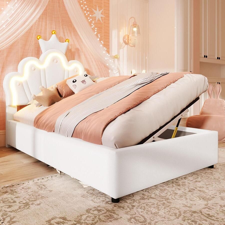 Pugsdrly gestoffeerd bed 90 x 200 cm zonder matras led-lichtstrip met hydraulisch hefmechanisme prinsessenbed in de vorm van een kroon verstelbaar hoofdeinde PU wit