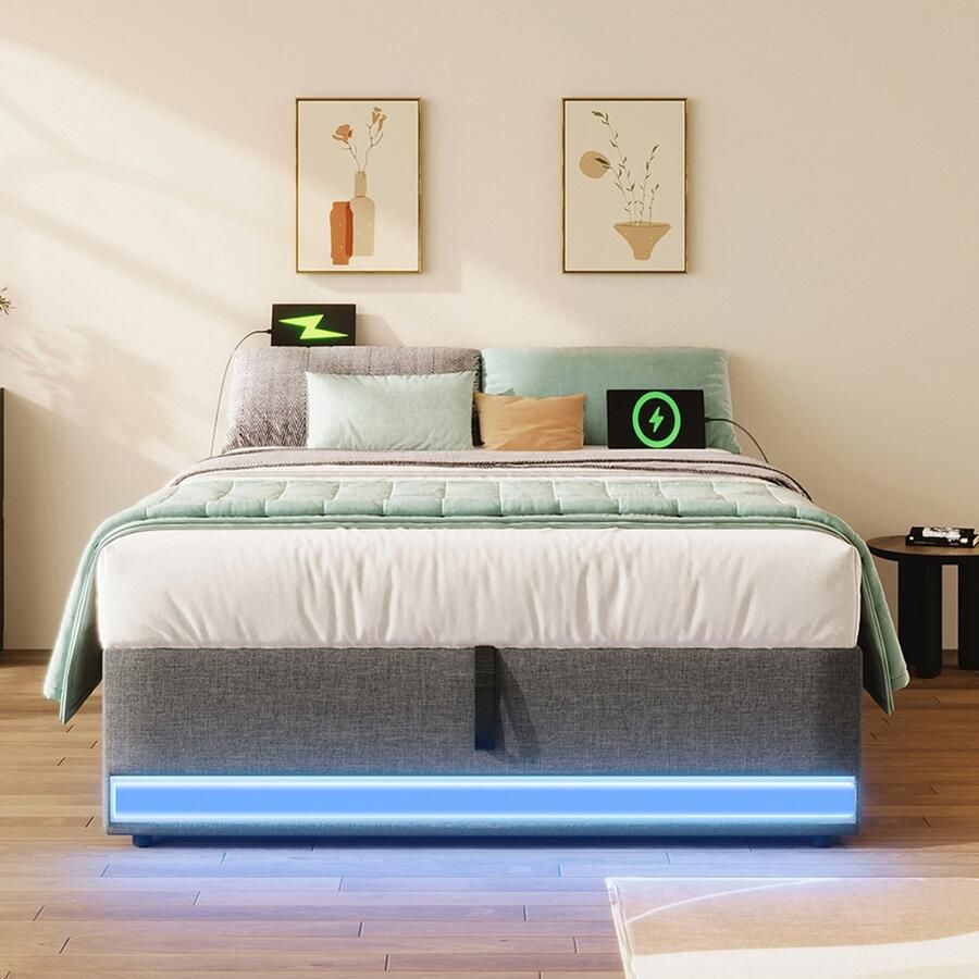 Pugsdrly Gestoffeerd bed 90*200 cm ledstrip met afstandsbediening met USB en type C met kleine opbergvakken zonder hoofdeinde hydraulische geheugenfunctie zonder matras grijs