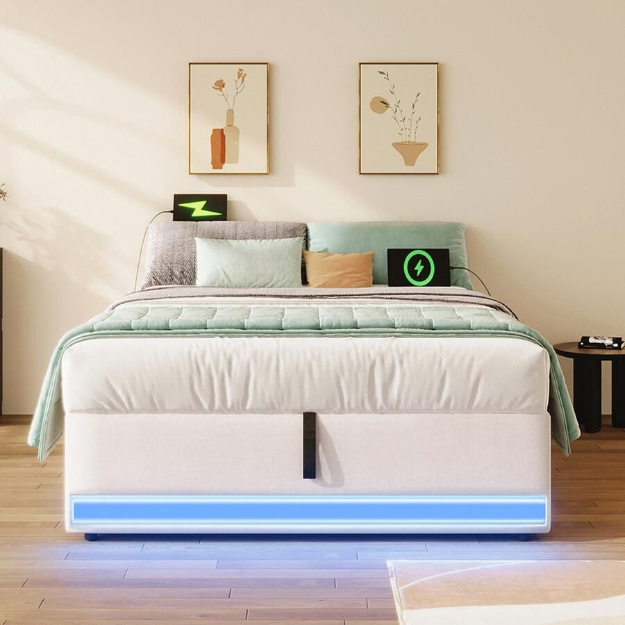 Pugsdrly Gestoffeerd bed 90*200 cm ledstrip met afstandsbediening met USB en type C met kleine opbergvakken zonder hoofdeinde hydraulische geheugenfunctie zonder matras beige