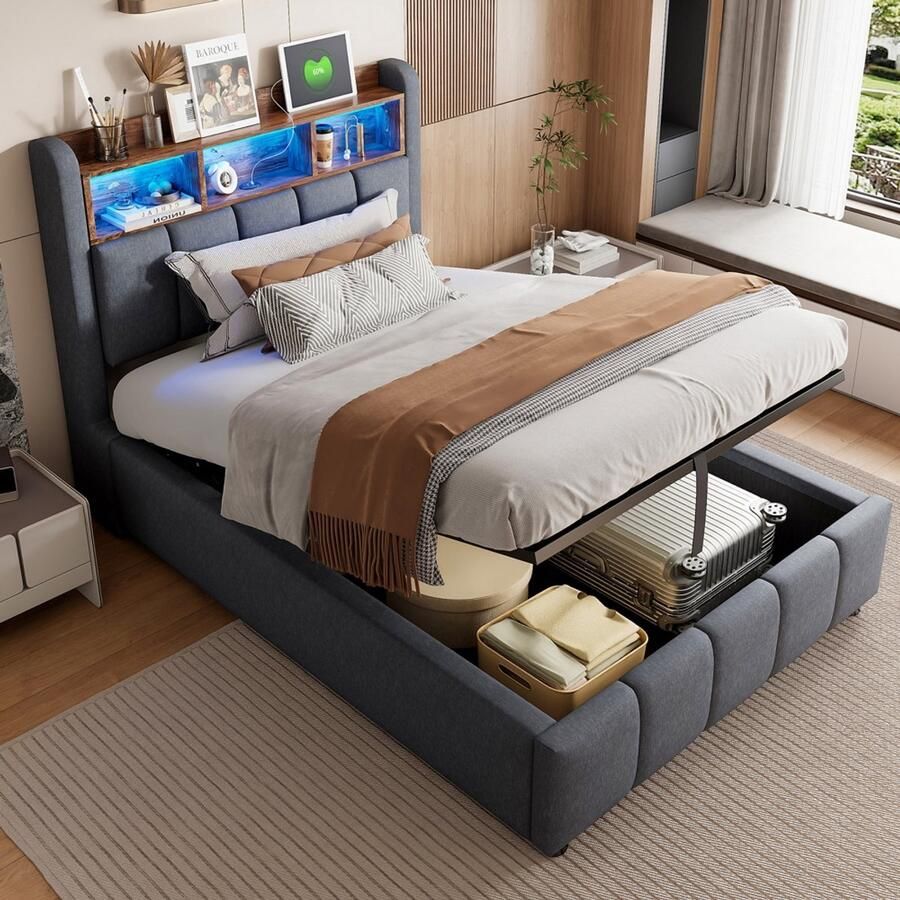 Pugsdrly Gestoffeerd bed 90*200 cm met ledverlichting en USB-poort hoofdeinde met legplanken en opbergruimte met hydraulische opbergruimte eenpersoonsbed voor kinderen grijs linnen