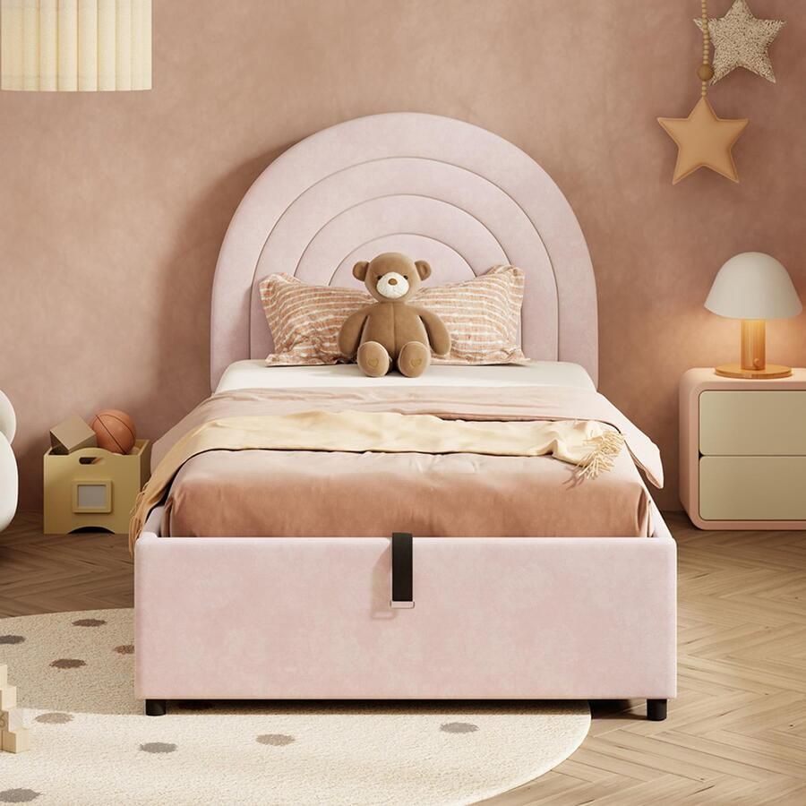 Pugsdrly Gestoffeerd bed 90*200 kinderbed eenpersoonsbed met lattenbodem en hoofdeinde bed voor tieners geschikt voor volwassenen en tieners houten latten eenvoudige montage fluweel roze