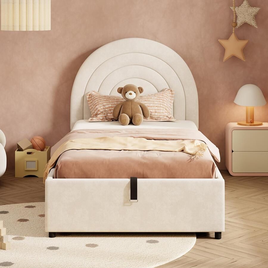 Pugsdrly Gestoffeerd bed 90*200 kinderbed eenpersoonsbed met lattenbodem en hoofdeinde tienerbed geschikt voor volwassenen en tieners houten latten eenvoudige montage fluweel beige