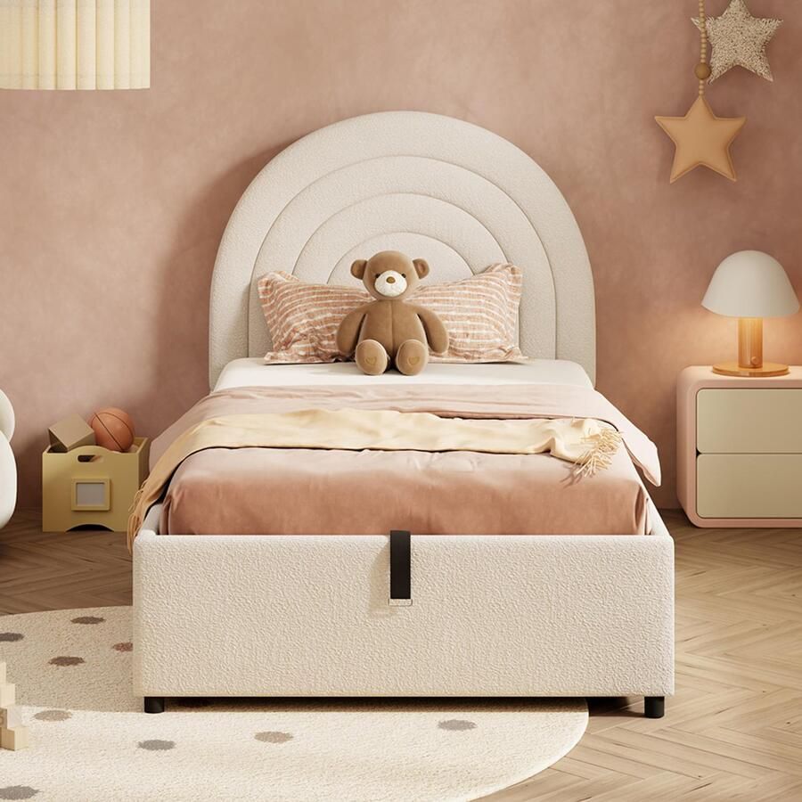 Pugsdrly Gestoffeerd bed 90*200 kinderbed eenpersoonsbed met lattenbodem en hoofdeinde tienerbed geschikt voor volwassenen en tieners houten latten eenvoudige montage bouclé beige