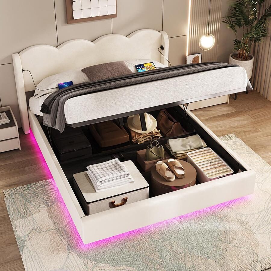 Pugsdrly Gestoffeerd bed bedframe met golvend plat frame geschikt voor een tweepersoonsbed zonder matras met ledverlichting USB+C-interface voor opladen en grote opbergruimte fluweel (140 cm × 200 cm)