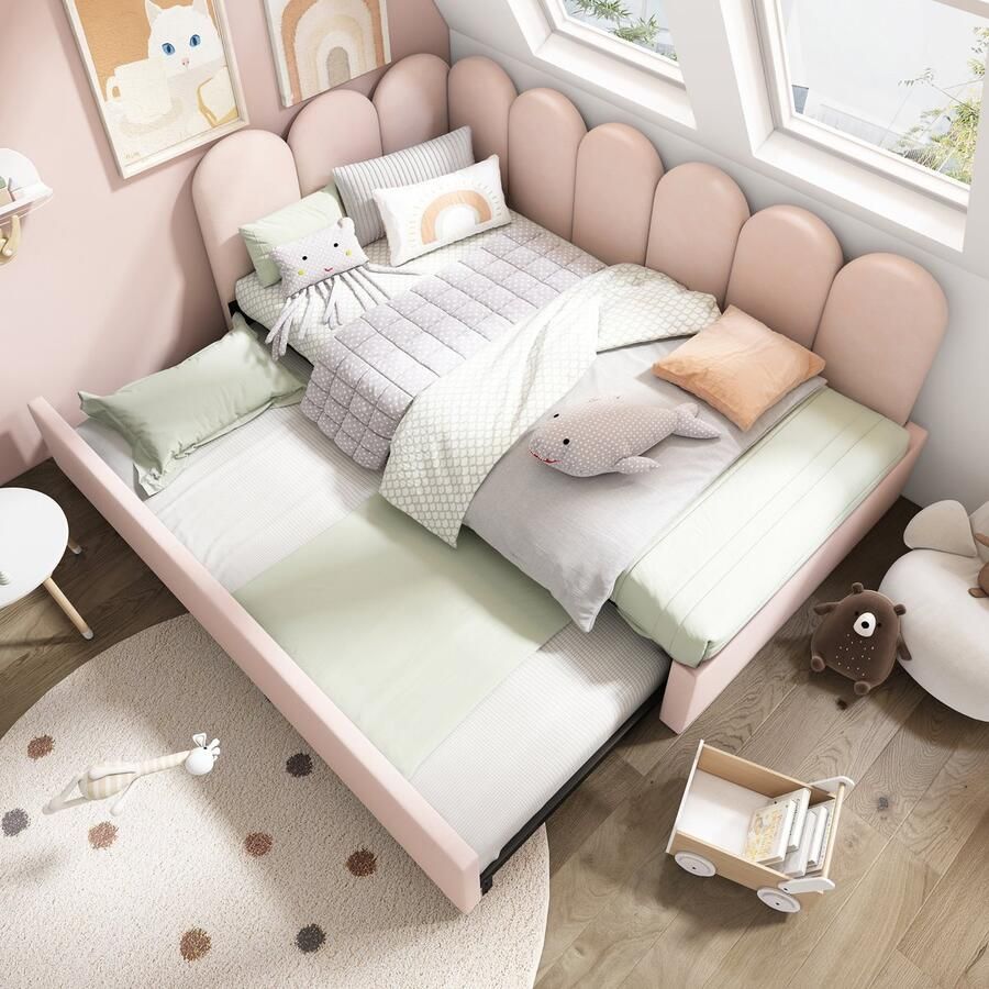 Pugsdrly Gestoffeerd bed Daybed 90x200cm slaapbank met uitschuifbed 90x190cm kinderbed met lattenbodem fluweel roze zonder matras