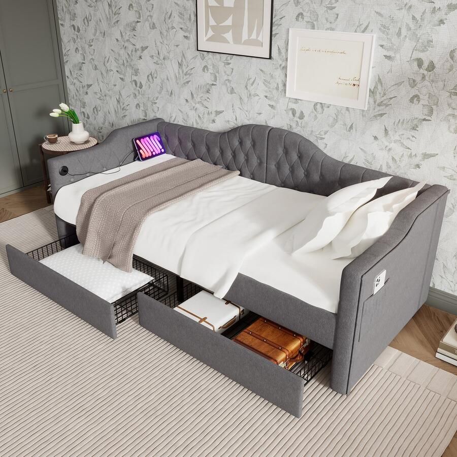 Gestoffeerd bed ligbed slaapbank opbergbedden bedframe met USB Type C-opladen en 2 lades 90x200 cm grijs fluweel zonder matras