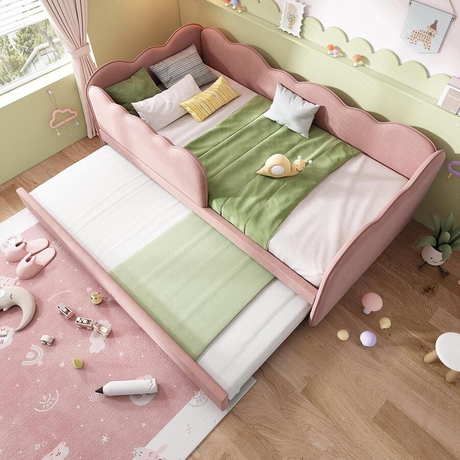 Pugsdrly Gestoffeerd bed Daybett 90x190cm slaapbank met uitschuifbaar bed 90x190cm kinderbed met lattenbodem fluweel roze zonder matras