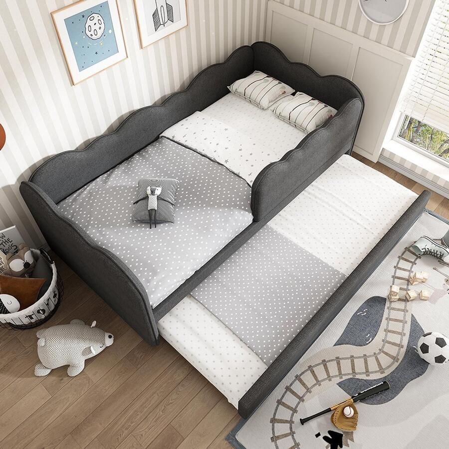 Pugsdrly Gestoffeerd bed Daybett 90x190cm slaapbank met uitschuifbaar bed 90x190cm kinderbed met lattenbodem linnen grijs zonder matras