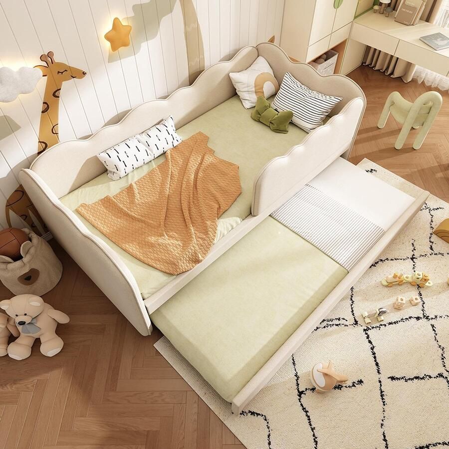 Pugsdrly Gestoffeerd bed Daybett 90x190cm slaapbank met uitschuifbed 90x190cm kinderbed met lattenbodem linnen beige zonder matras