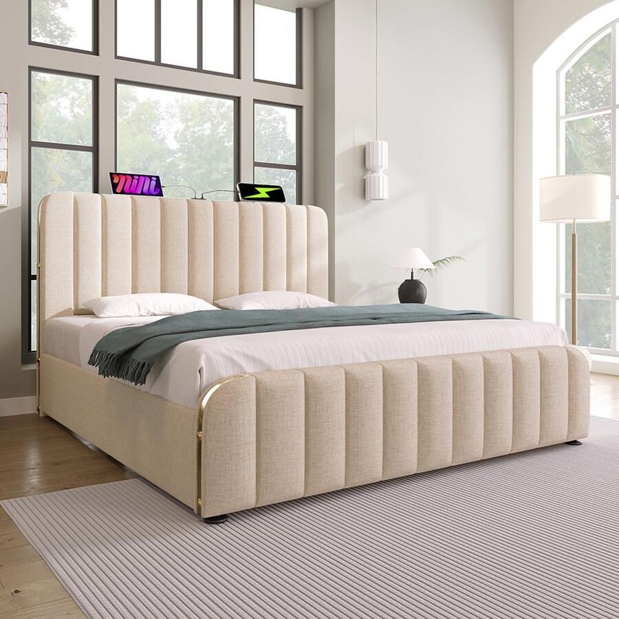 Pugsdrly Gestoffeerd bed Dubbel gestoffeerd hoofdeinde met gouden sierstrepen en USB-type C-oplaadfunctie 140*200 cm beige linnen materiaal Hydraulisch opbergbed draagvermogen 181 kg (zonder matras)