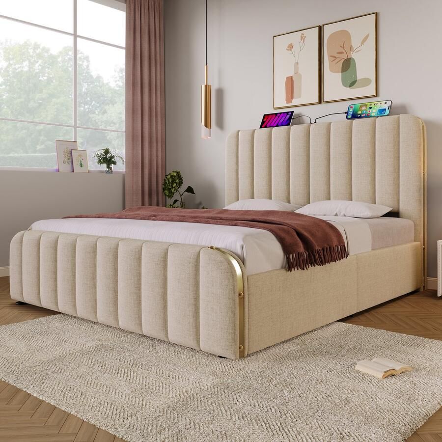 Pugsdrly Gestoffeerd bed Dubbel 160*200 cm beige linnen materiaal met gestoffeerd hoofdeinde met gouden sierstrepen met USB-C-oplaadfunctie Hydraulisch opbergbed draagvermogen 200 kg (zonder matras)