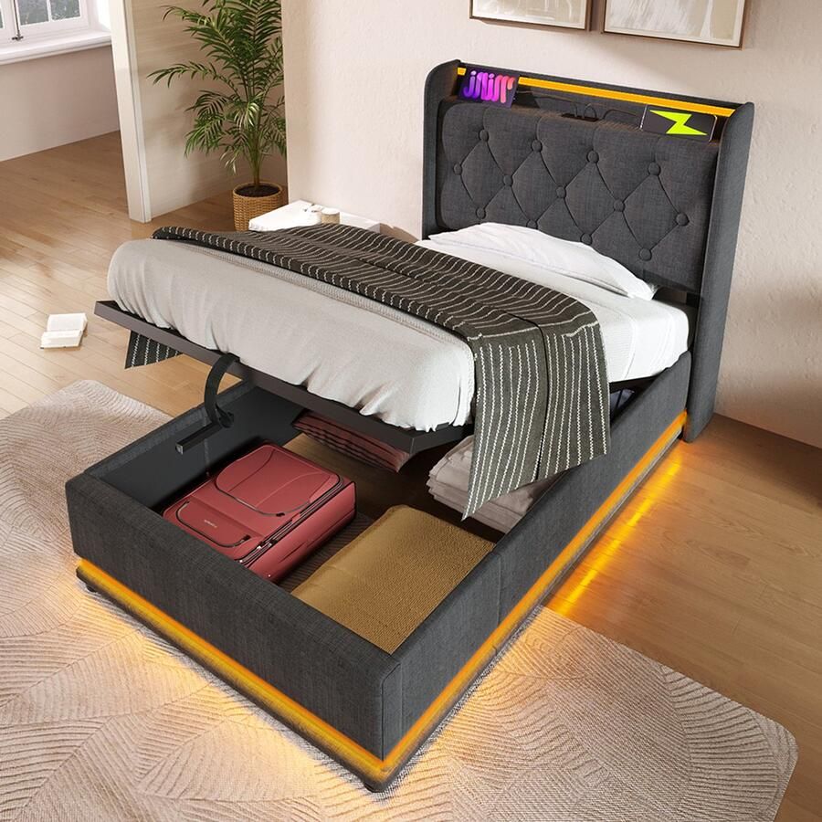 Pugsdrly Gestoffeerd bed eenpersoonsbed 360° surround LED-functie drukknop app afstandsbediening 90*200 cm grijs Linnen materiaal Hydraulisch bedframe gestoffeerd hoofdeinde met USB-type C-oplaadfunctie (zonder matras)