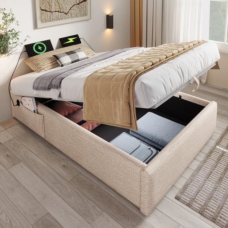 Pugsdrly Gestoffeerd bed eenpersoonsbed 90×200 cm Struraumbett bedframe met USB-C en lattenbodem over de hele oppervlakte zonder hoofdeinde linnen naturel