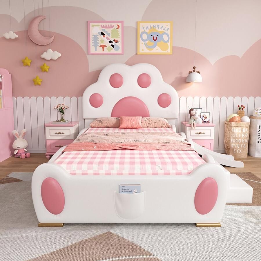 Pugsdrly Gestoffeerd bed eenpersoonsbed kinderbed hoofdeinde in de vorm van een cartoonkattenpoot met glijbaan voor kinderen en ladder met twee treden PU-oppervlak wit + roze 90 x 200 cm