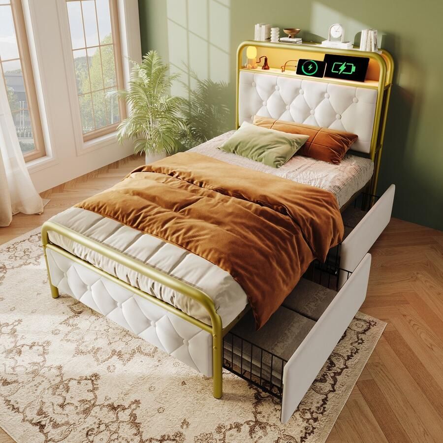 Pugsdrly Gestoffeerd bed eenpersoonsbed met oplaadfunctie USB type C APP-bediening LED-bedframe metalen bed 90×200 bedframe en 2 lades fluweel (zonder matras)