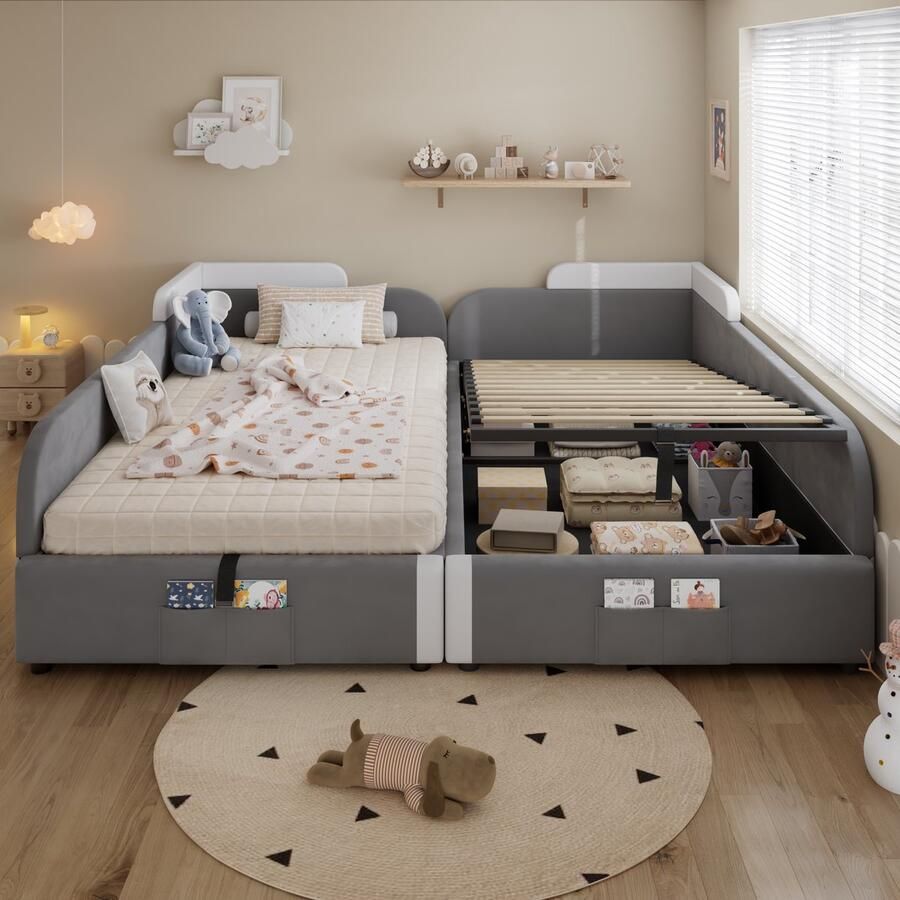 Pugsdrly Gestoffeerd bed gecombineerd kinderbed hydraulisch bed met opbergruimte verhoogde zachte omheining opbergtas aan het voeteneinde van het bed fluweel + multiplex grijs 90x200cm*2