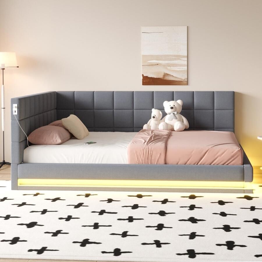 Pugsdrly Gestoffeerd bed Slaapbank 160*200 Multifunctioneel bed met led-lichtstrip USB-aansluiting en lattenbodem aangenaam aanvoelende fluweelstof grijs