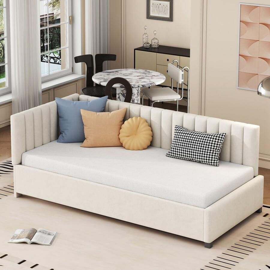 Pugsdrly Gestoffeerd bed slaapbank 90*200 multifunctioneel bed met lattenbodem huidvriendelijke fluweelstof beige