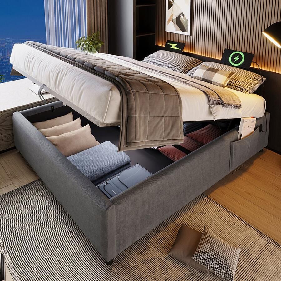 Pugsdrly Gestoffeerd bed tweepersoonsbed 140×200 cm Struraumbett bedframe met USB-C en lattenbodem over de hele oppervlakte zonder hoofdeinde katoen grijs