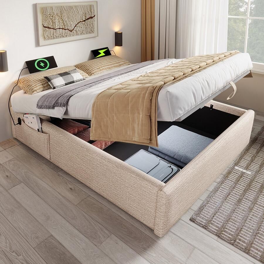 Pugsdrly Gestoffeerd bed tweepersoonsbed 140×200 cm Struraumbett bedframe met USB-C en lattenbodem over de hele oppervlakte zonder hoofdeinde linnen naturel