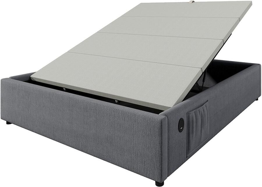 Pugsdrly Gestoffeerd bed tweepersoonsbed 160×200 cm opklapbed bedframe met USB-C en lattenbodem over het hele oppervlak zonder hoofdeinde katoen grijs
