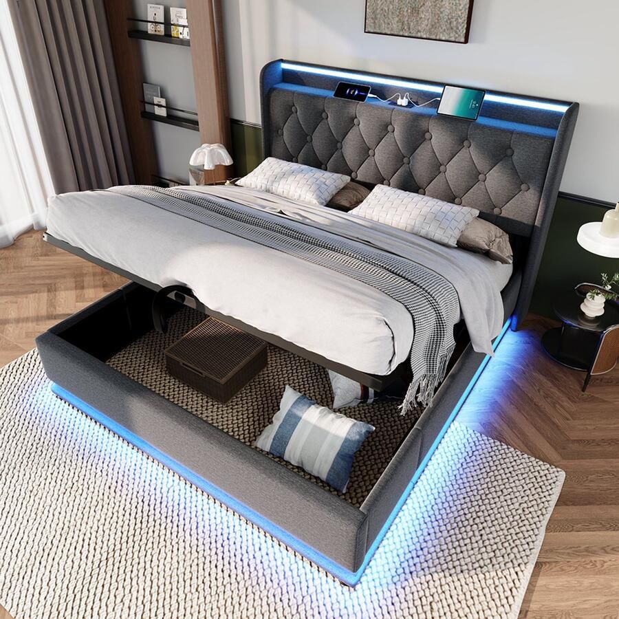 Pugsdrly Gestoffeerd bed tweepersoonsbed 360-surround-led-functie drukknop app afstandsbediening 160*200 cm grijs linnenmateriaal Hydraulisch bedframe gestoffeerd hoofdeinde met USB-type C-oplaadfunctie (zonder matras)