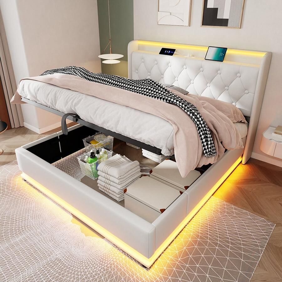 Pugsdrly Gestoffeerd bed tweepersoonsbed 360° surround LED-functie drukknop app afstandsbediening 180*200 cm wit PU-materiaal Hydraulisch bedframe gestoffeerd hoofdeinde met USB-type C-oplaadfunctie (zonder matras)