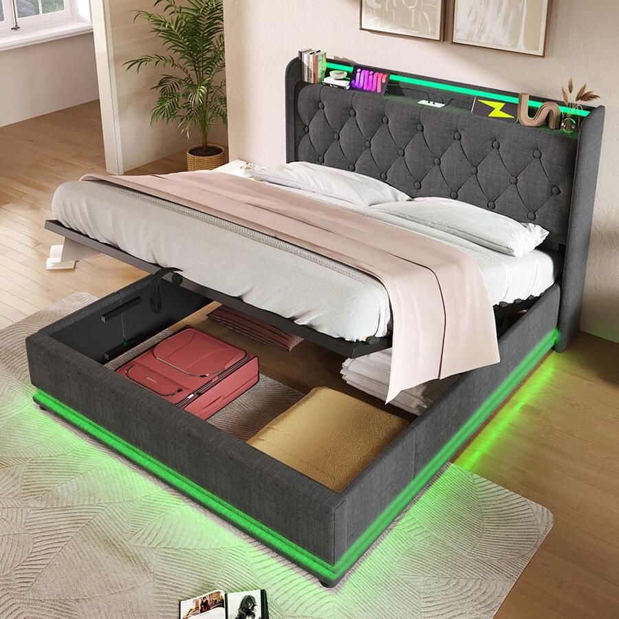 Pugsdrly Gestoffeerd bed tweepersoonsbed 360° surround LED-functie drukknop app afstandsbediening 140*200 cm grijs linnenmateriaal Hydraulisch bedframe gestoffeerd hoofdeinde met USB-type C-oplaadfunctie (zonder matras)