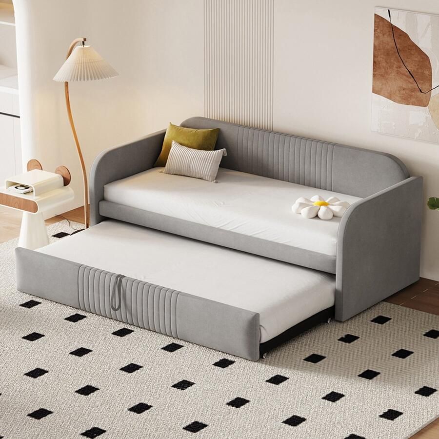 Pugsdrly Gestoffeerd bed Uitschuifbare slaapbank 90 180*190 cm met verticale strepen met lattenbodem multifunctioneel bed comfortabele en ademende linnen stof lichtgrijs (matras niet inbegrepen)