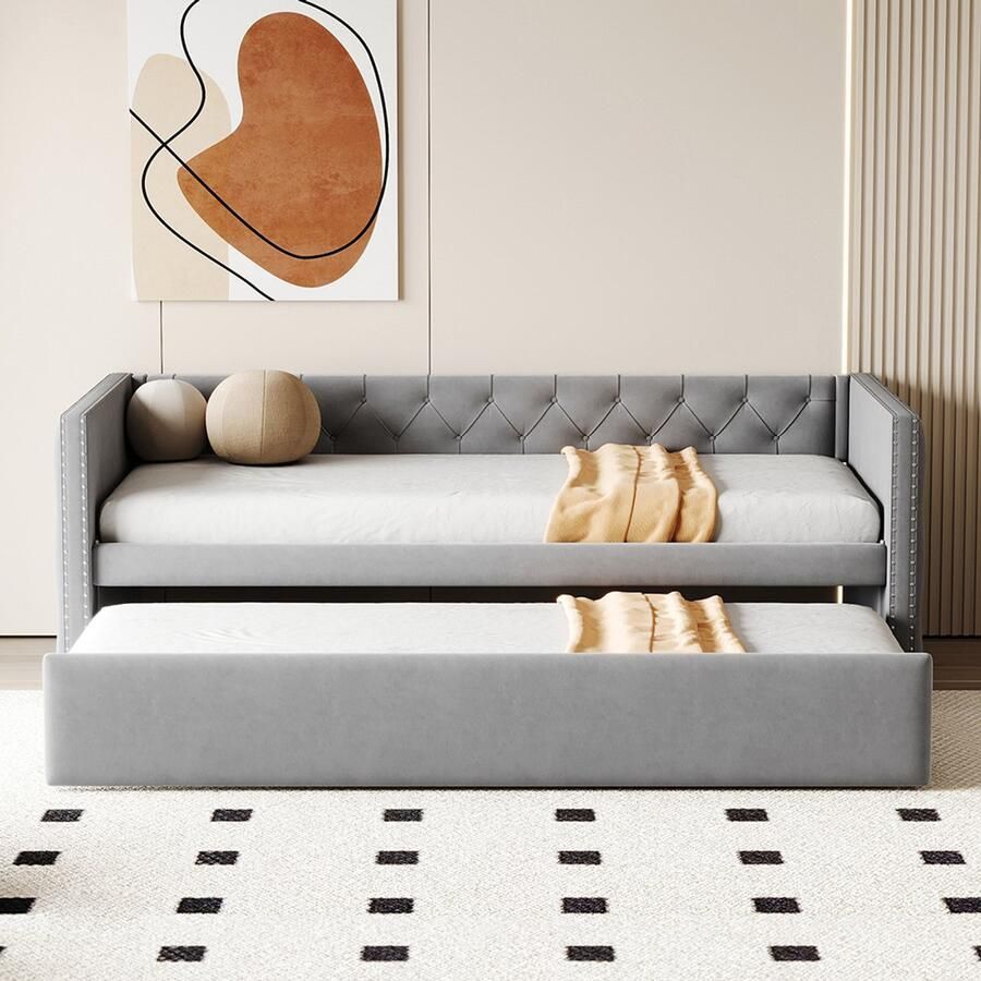 Pugsdrly Gestoffeerd bed Uitschuifbare slaapbank 90*200 cm klassieke vorm met knopen met lattenbodem multifunctioneel bed-logeersbed huidvriendelijke fluweelstof lichtgrijs (matras niet inbegrepen)