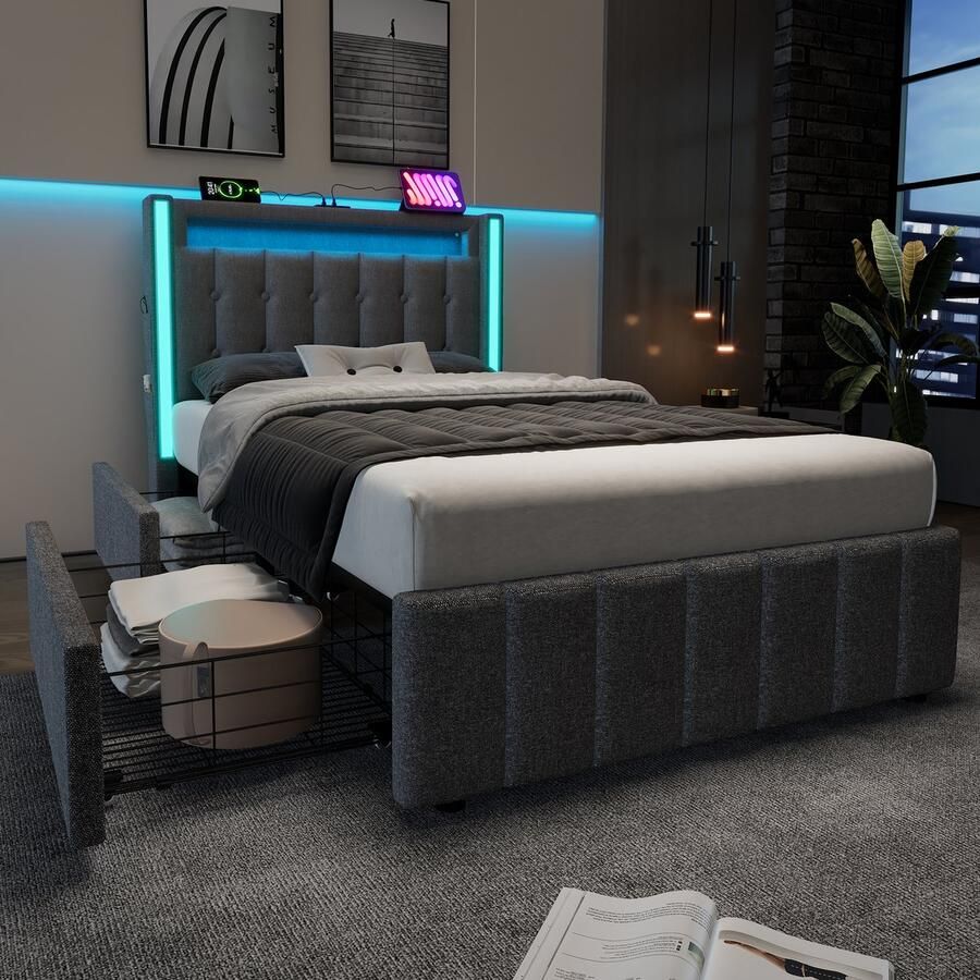 Pugsdrly Gestoffeerd bed USB type C oplaadfunctie LED-verlichting en 2 lades jeugdbedden 90x200 cm eenpersoonsbed opbergbedden bedframe houten lattenbodem grijs (zonder matras)