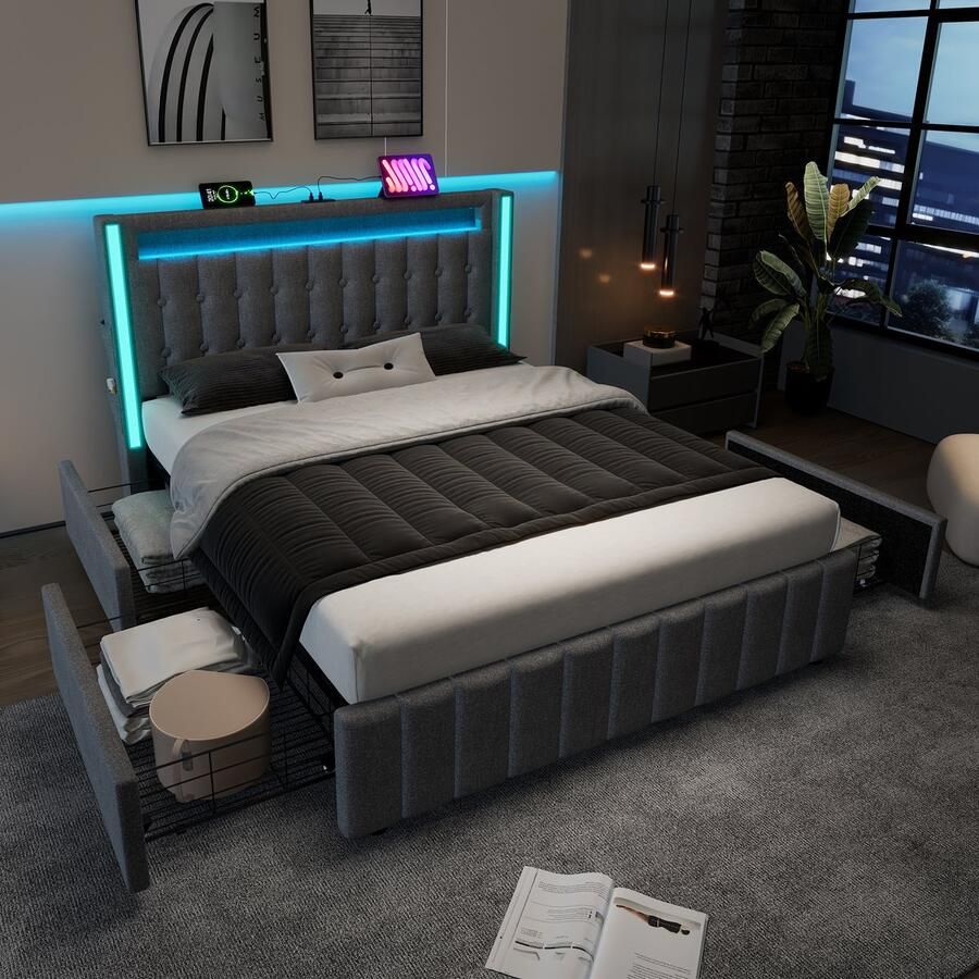 Pugsdrly Gestoffeerd bed USB type C oplaadfunctie LED-verlichting en 4 lades jeugdbedden 160x200 cm tweepersoonsbed opbergbedden bedframe lattenbodem van hout grijs (zonder matras)