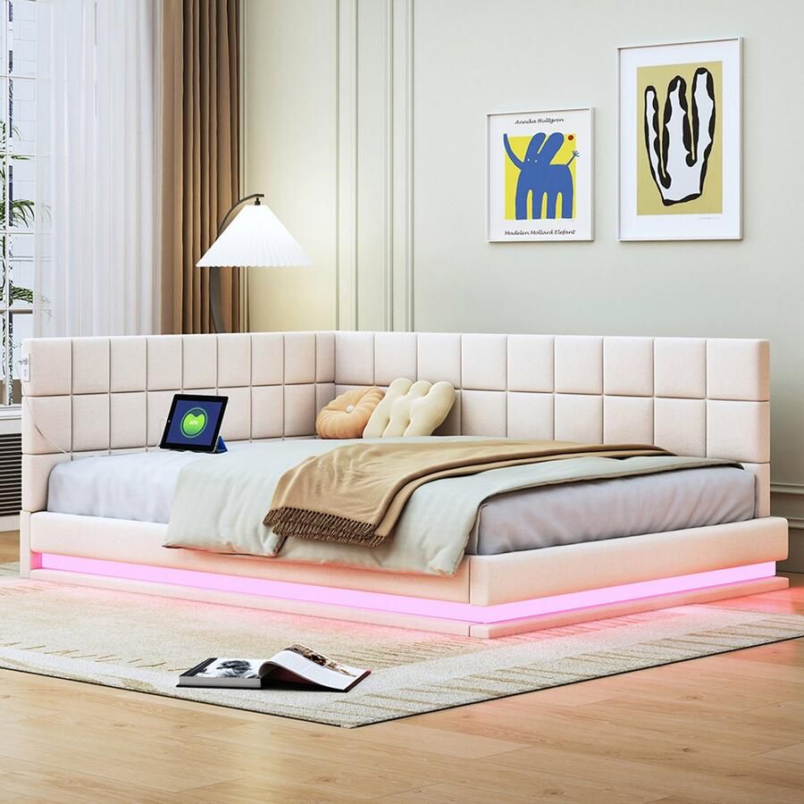 Pugsdrly Gestoffeerd bedbank 140*200 multifunctioneel bed met LED-lichtstrip USB-aansluiting en lattenbodem huidvriendelijke fluweelstof beige
