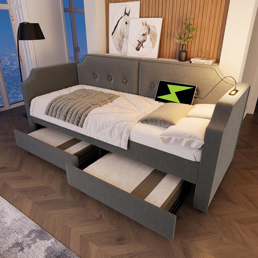 Pugsdrly Gestoffeerd bedbank 90x200 cm met USB-type C-leeslampje slaapbank dagbed met 2 opberglades kinderbed jeugdbed bedframe met lattenbodem van hout fluweel grijs (zonder matras)