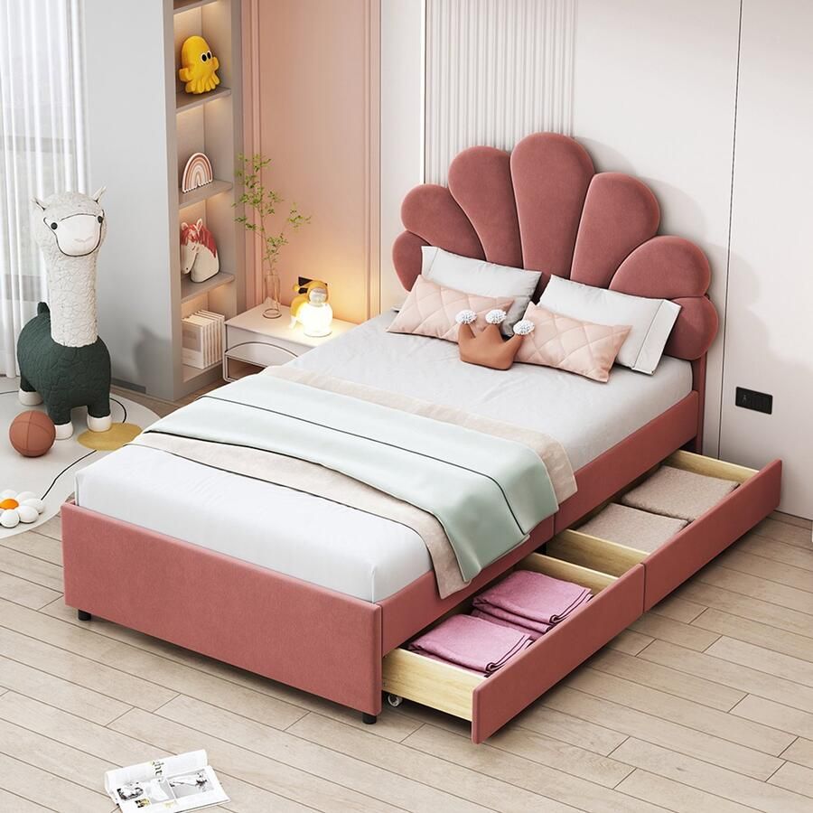 Pugsdrly Gestoffeerd kinderbed 90 x 200 cm bedframe met bloemenhoofdbord en lattenbodem met 2 opbergvakken meisjesbed-logeerbed van huidvriendelijk fluweel roze