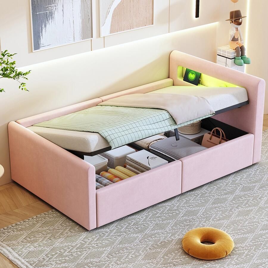 Pugsdrly Gestoffeerd kinderbed 90*200 cm met ledverlichting nachtlampje en USB-poort plank hydraulische opbergruimte eenpersoonsbed voor jongens en meisjes fluweel roze