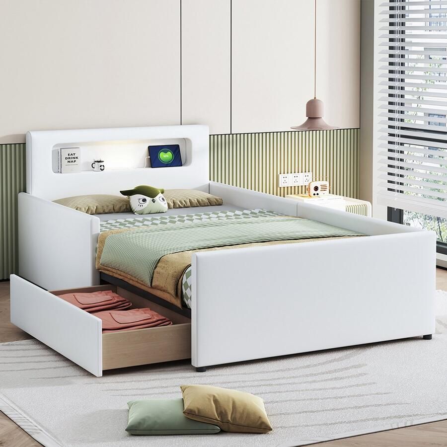 Pugsdrly Gestoffeerd kinderbed 90*200 cm met nachtlampje en USB-oplaadpoort met opbergvakken verhoogde zijdelen voor veiligheid eenvoudig eenpersoonsbed jongens- en meisjesbed kunstleer wit