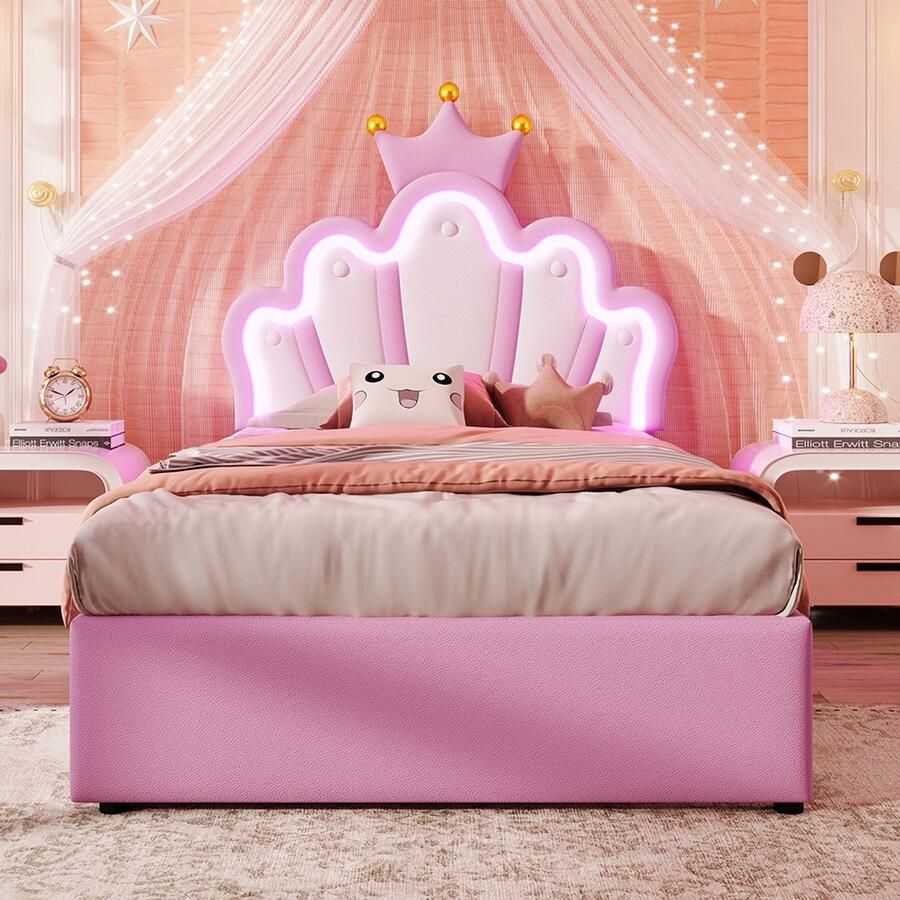 Pugsdrly Gestoffeerd Kinderprinsessenbed 90x200 cm zonder matras Met op afstand bedienbare sfeerverlichting Met 2 opberglades Gepolsterd verstelbaar hoofdeinde Kroonvorm PU-leer roze