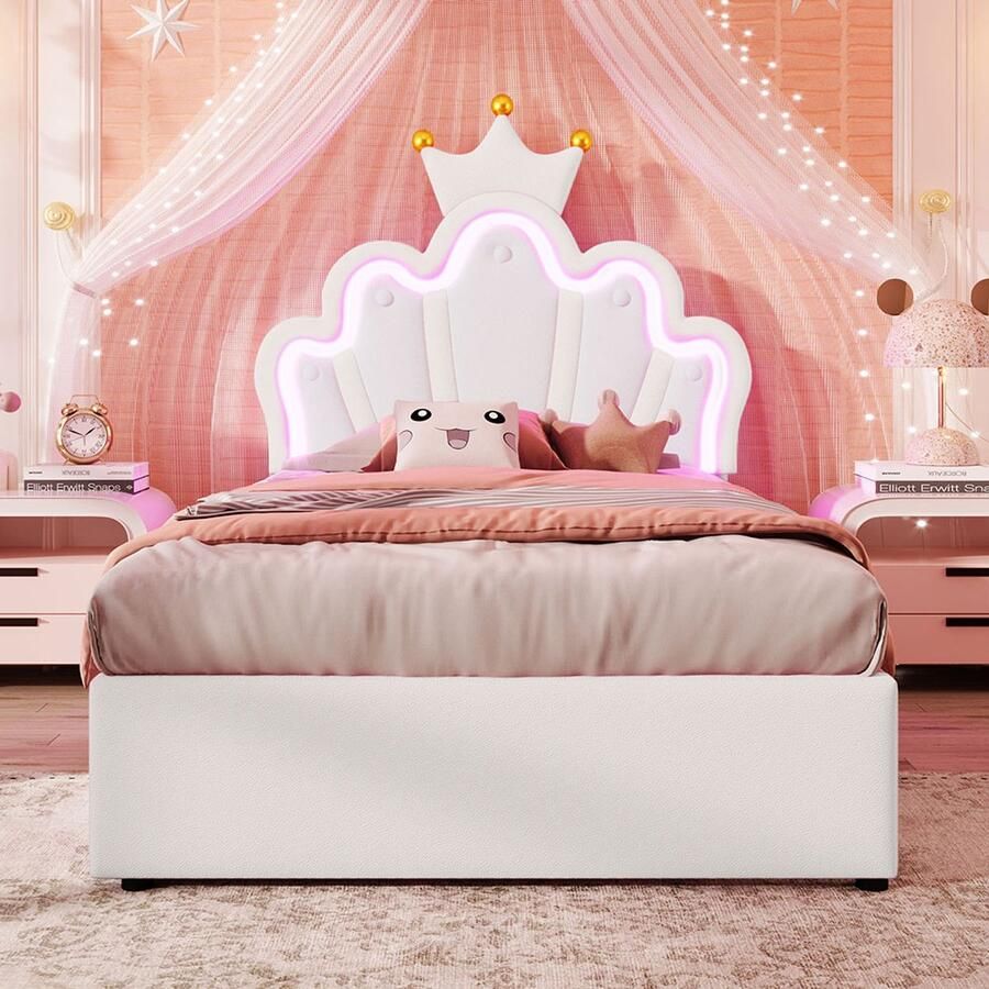 Pugsdrly Gestoffeerd Kinderbed met 2 Onderbedlades 90x200 cm Prinsessenbed in Kroonvorm met Afstandsbedienbare Sfeerverlichting Verstelbaar Hoofdeinde zonder Matras PU