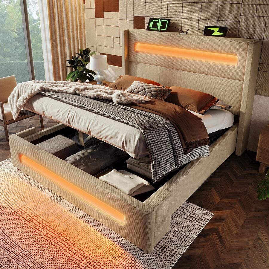 Pugsdrly Gestoffeerd tweepersoonsbed 140x200 cm tienerbed met LED-verlichting bed met hydraulische opbergruimte en USB Type-C-oplaadpunt metalen bedframe met houten latten beige linnen zonder matras